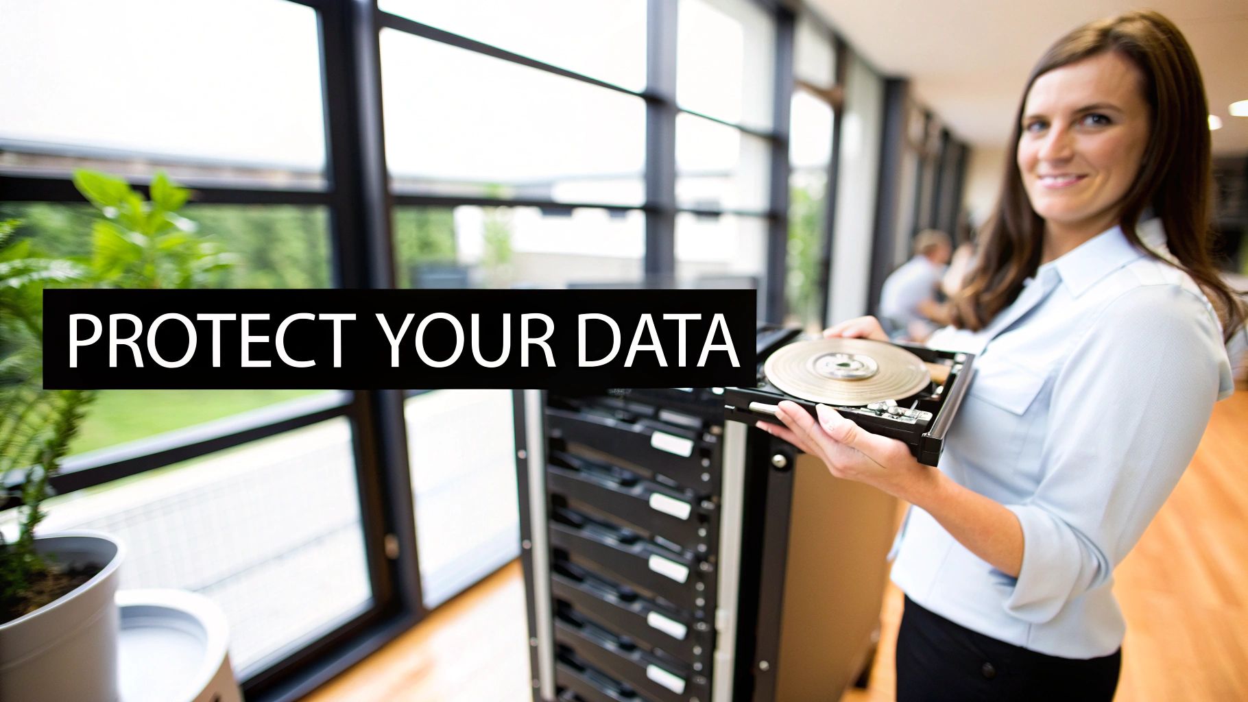 A smiling woman holds an exposed hard drive next to a server rack, with 'PROTECT YOUR DATA' text.
