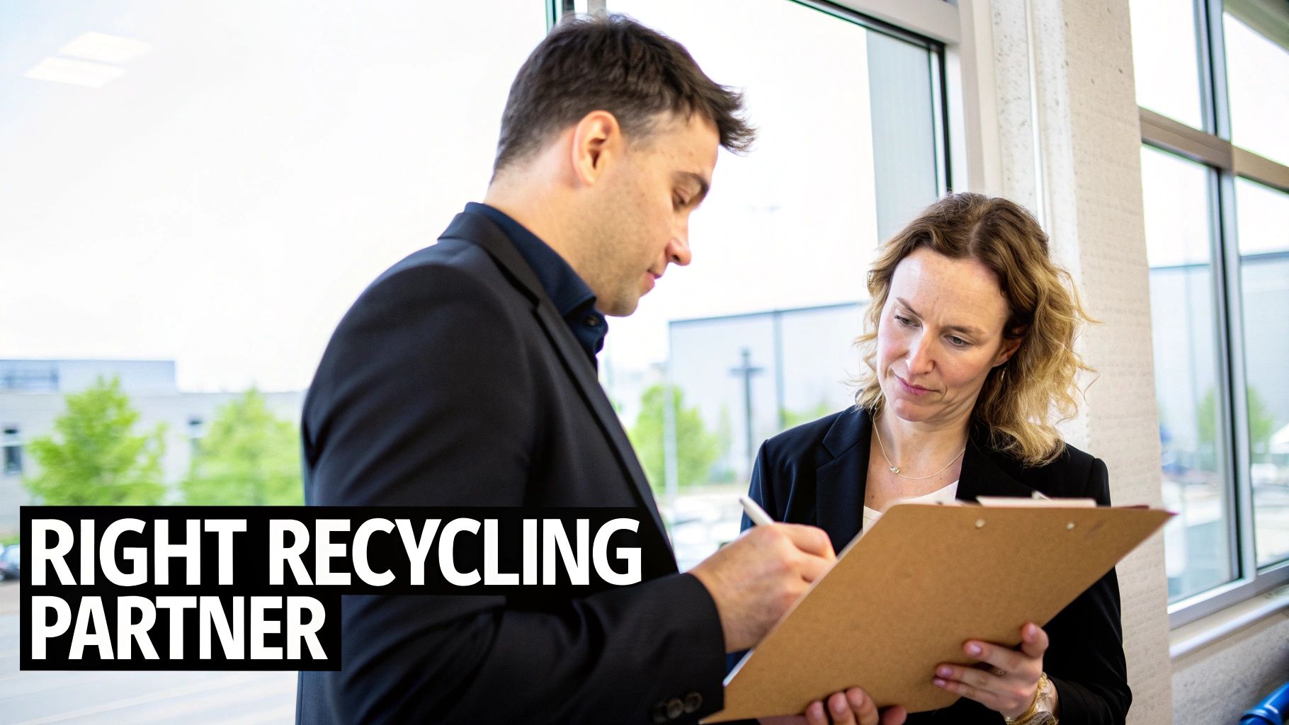 Two business professionals reviewing recycling partnership documents on clipboard in modern office