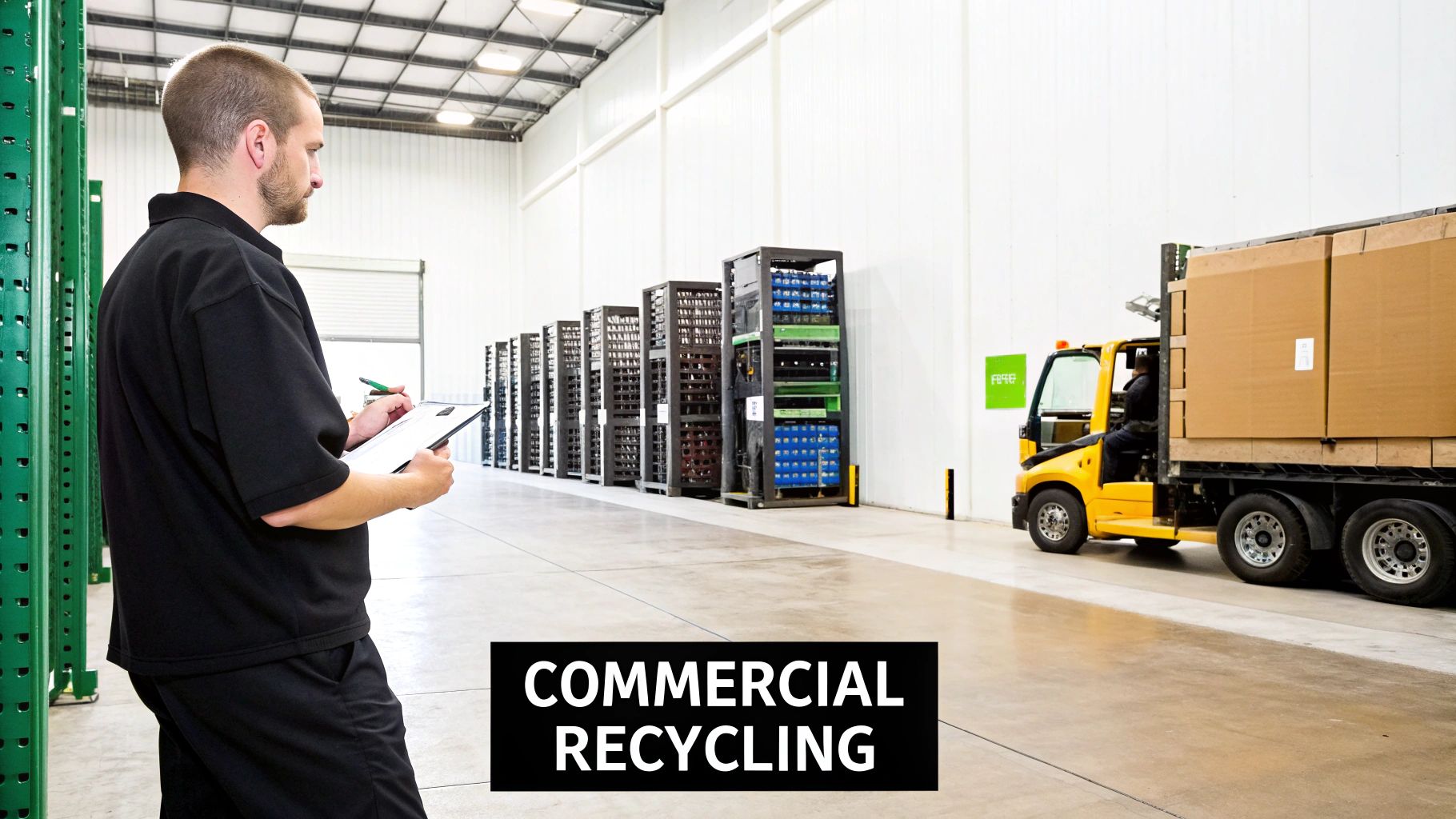 A man inspects recycling bins in a large commercial warehouse with a forklift truck.