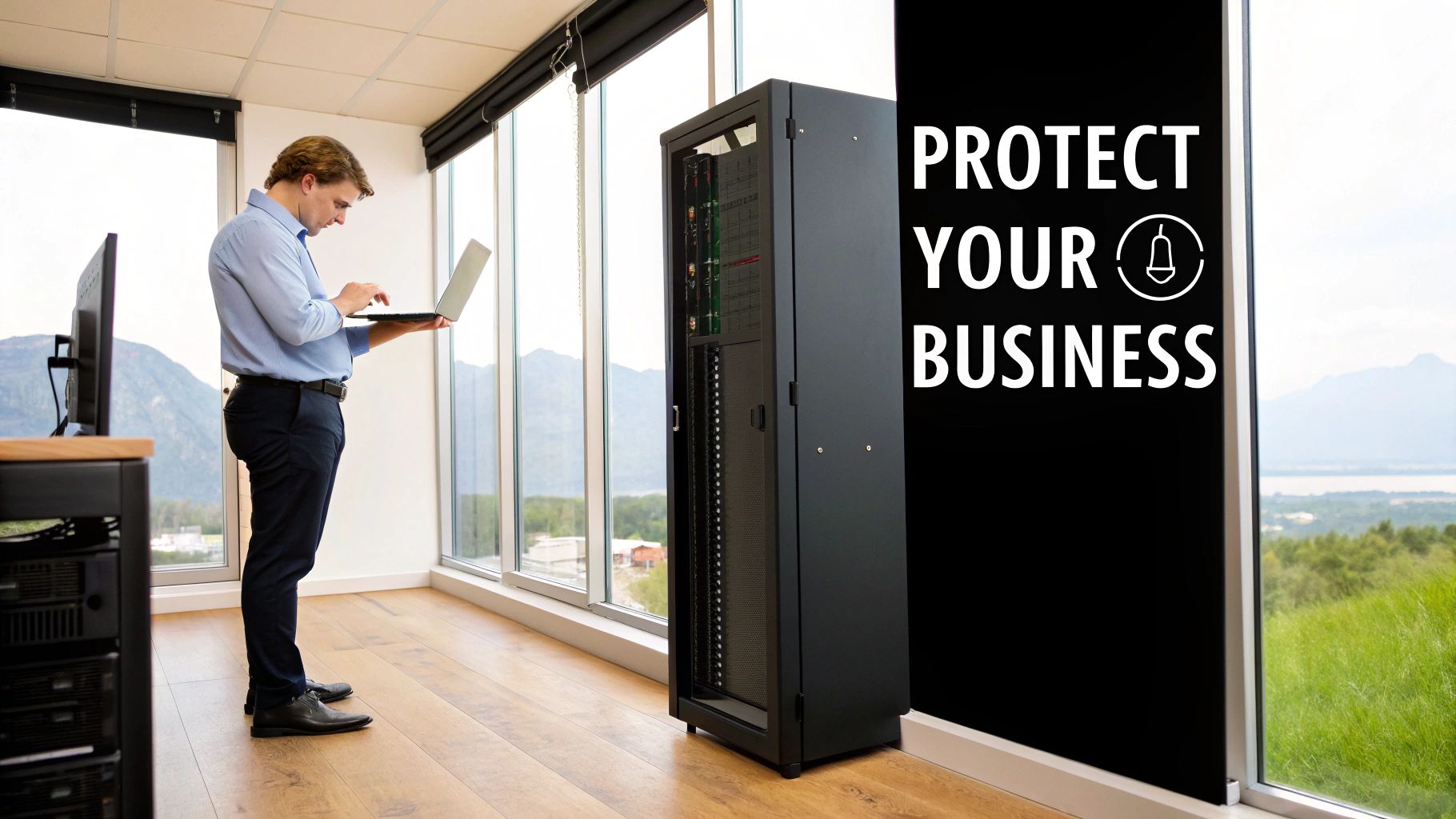 Man working on a laptop next to an IT server rack in a modern office, promoting business protection.
