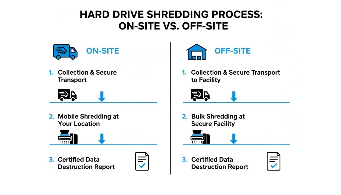 Flowchart comparing on-site and off-site hard drive shredding processes with three steps each.