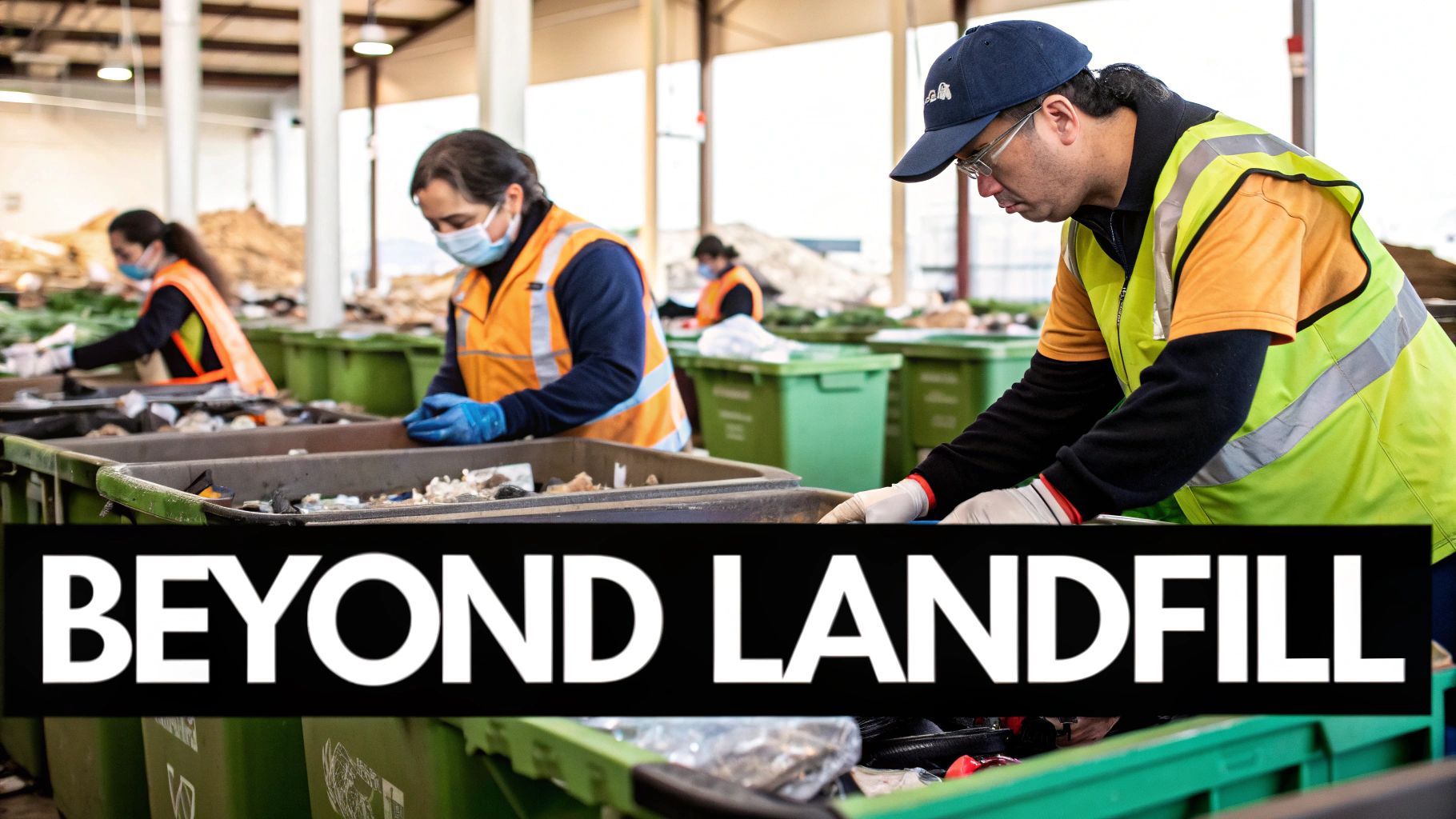 Workers in face masks and safety vests sort waste at a recycling facility, emphasizing a 'beyond landfill' approach.