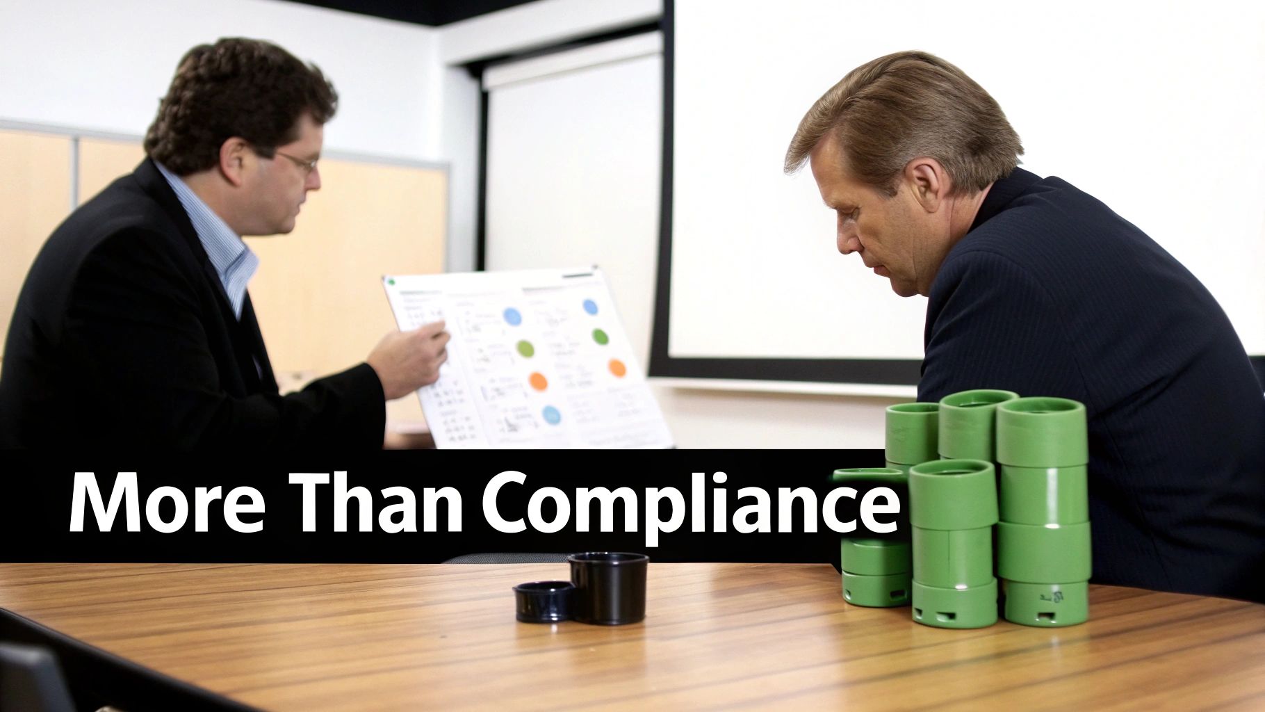 Two business professionals discussing corporate computer recycling, with a focus on compliance and data protection, in a meeting room featuring green recycling containers.