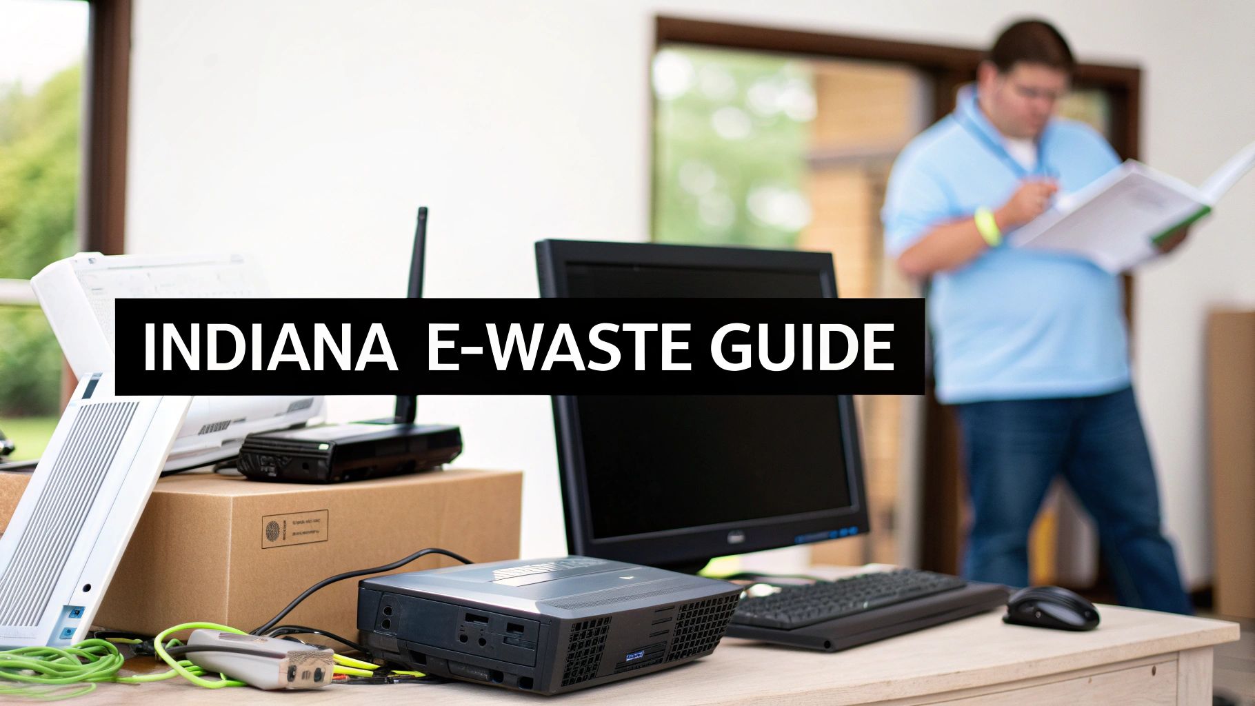 Electronic waste items like old computers, monitors, and cables on a desk with a guide title 'INDIANA E-WASTE GUIDE'.