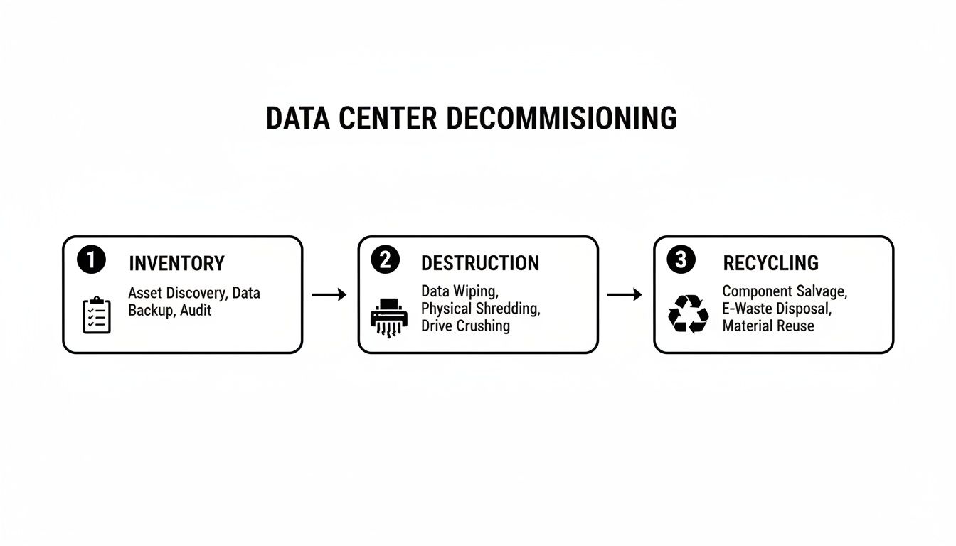 An infographic detailing the three-step data center decommissioning process: inventory, destruction, and recycling.