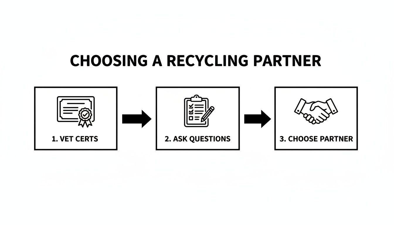 A three-step process for choosing a recycling partner, involving vetting certifications, asking questions, and making a selection.