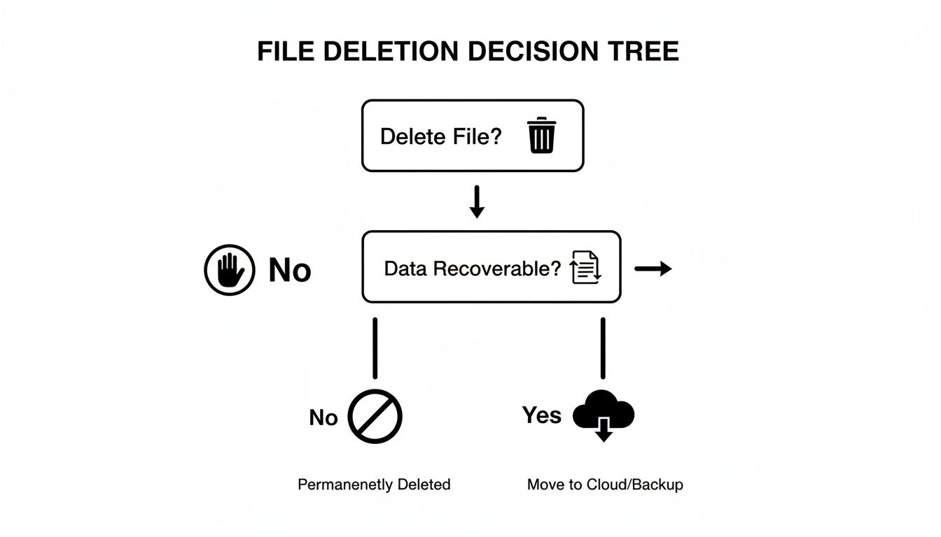 A decision tree flowchart for file deletion, showing options for permanent deletion or backup.