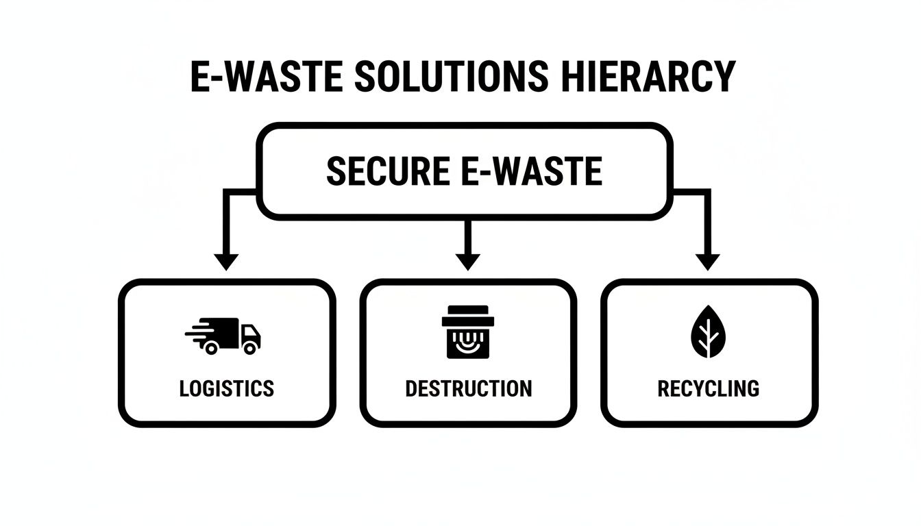 Hierarchy diagram illustrating secure e-waste solutions including logistics, destruction, and recycling processes.