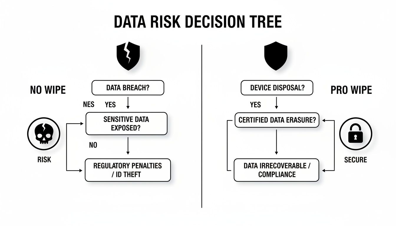 Data risk decision tree illustrates the importance of certified data erasure for device disposal and avoiding breaches.