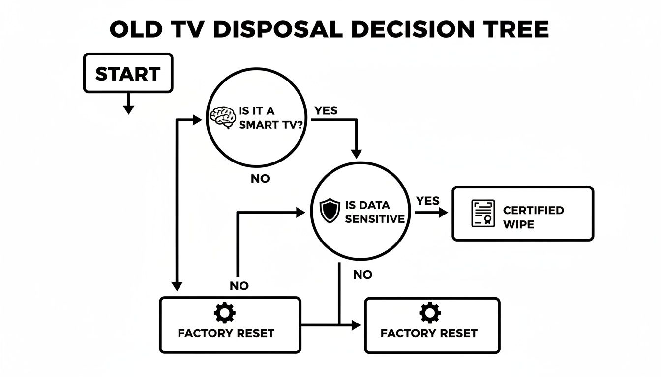 Decision tree flowchart for old TV disposal: check smart TV, data sensitivity, then factory reset or certified wipe.