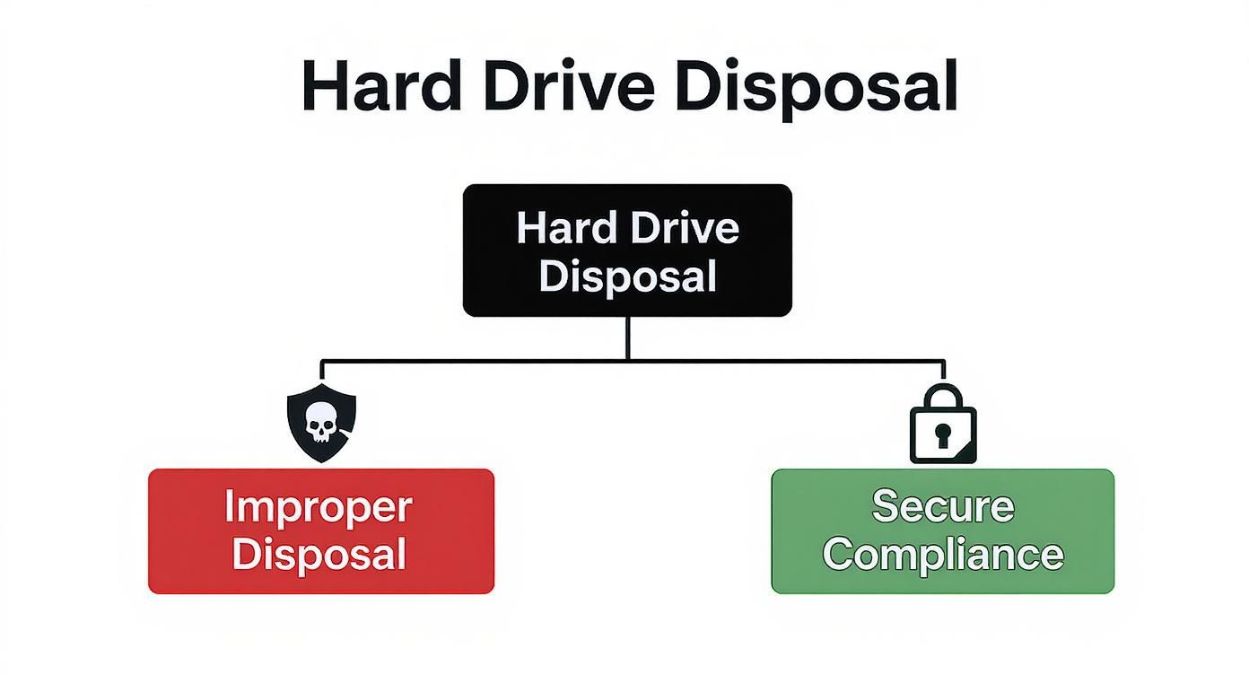 Flowchart illustrating Hard Drive Disposal options: Improper Disposal with risk, and Secure Compliance with safety.