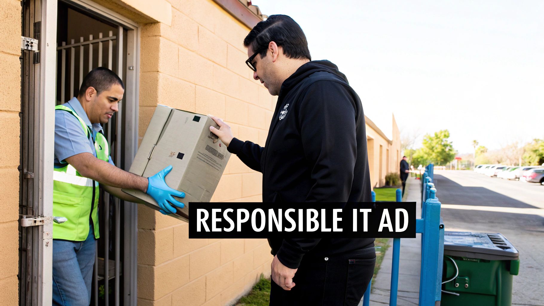 Two men exchanging a package from a doorway, one in a safety vest and gloves.