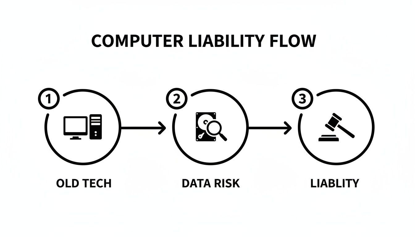 Illustrative flowchart detailing the progression from old computer technology to data risk and legal liability.