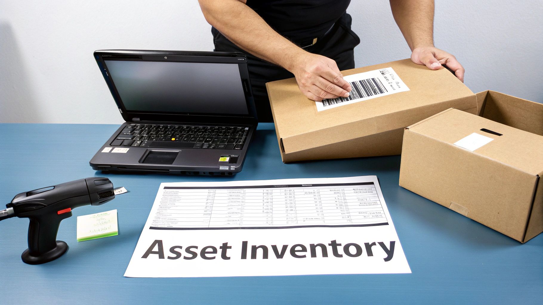 A person organizing IT equipment into boxes for recycling.