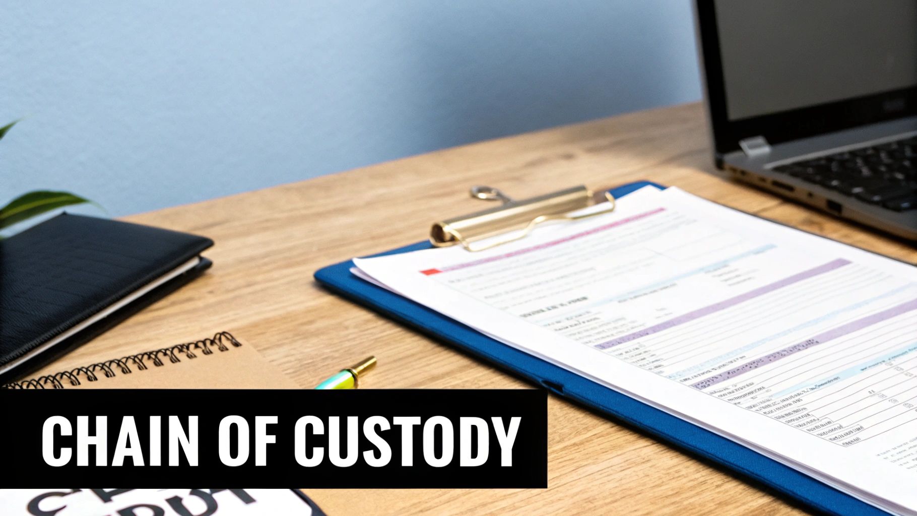 A professional desk setup featuring a clipboard with important documents and a laptop, emphasizing chain of custody.