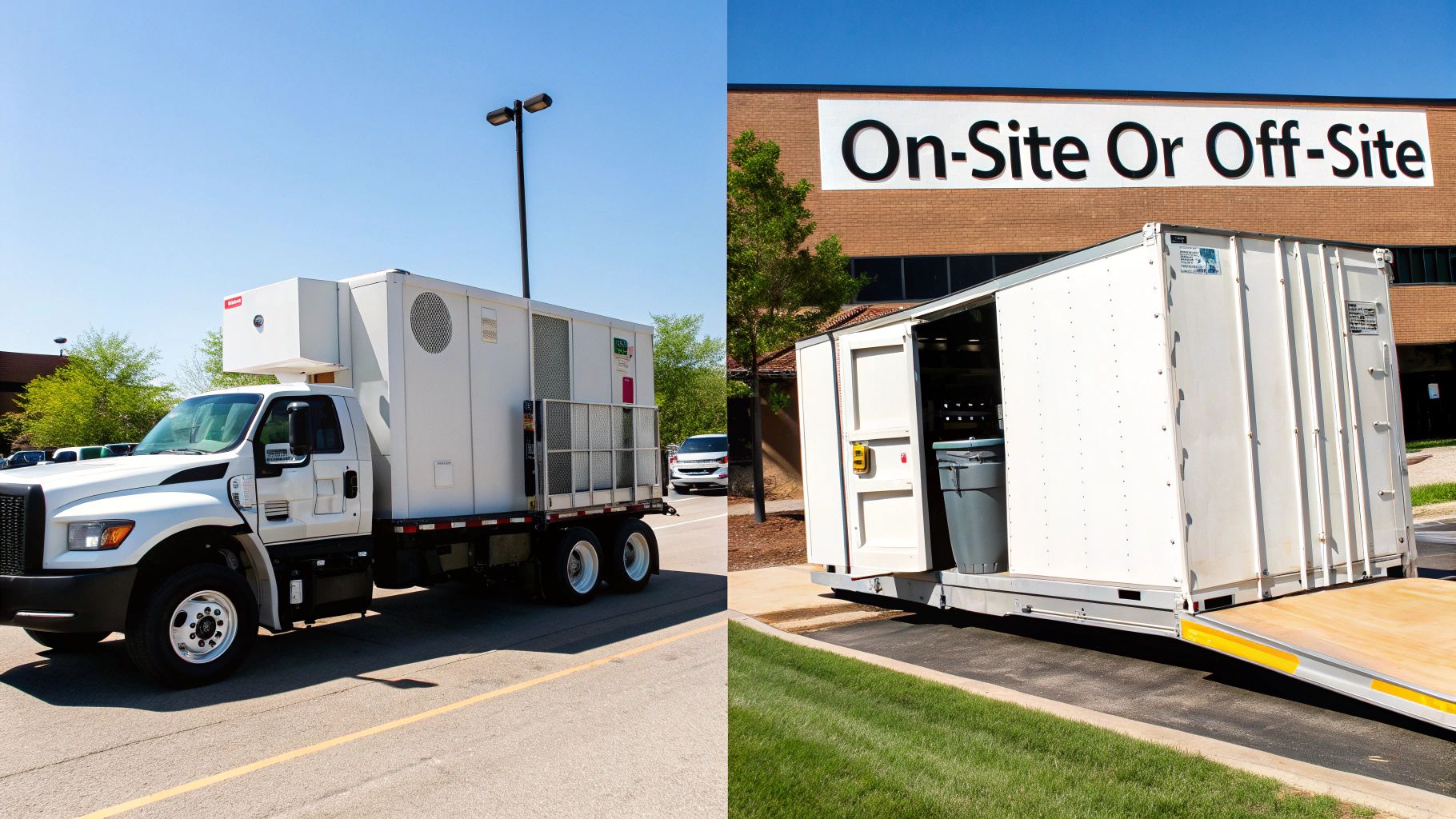Mobile secure data destruction with truck-mounted unit and an off-site container delivery.