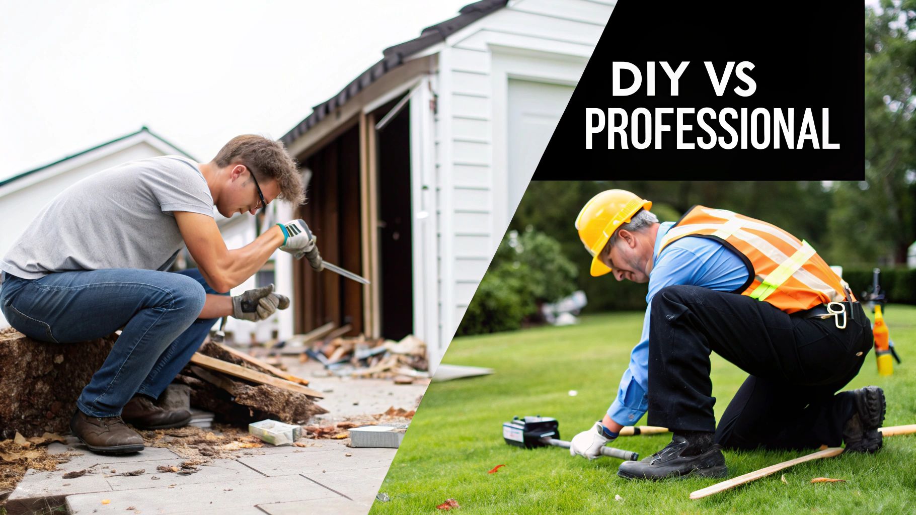 A split image contrasting DIY shed demolition with a professional worker, labeled 'DIY VS PROFESSIONAL'.