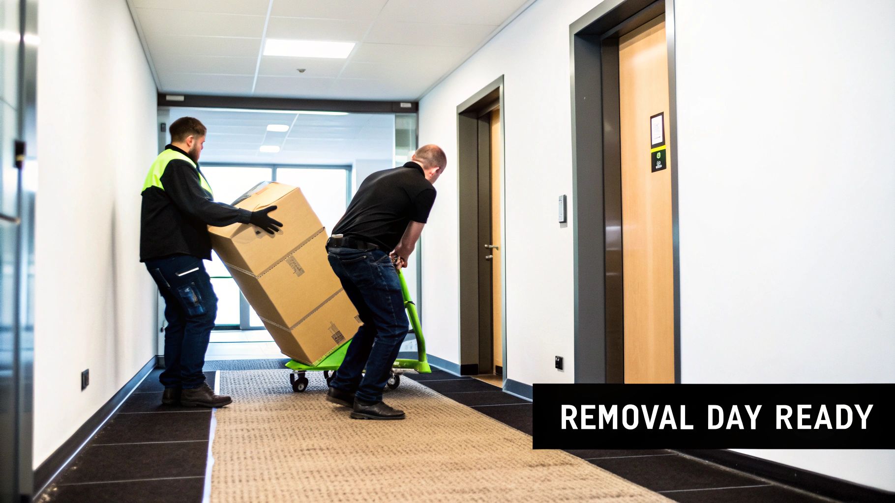 Two men transport large cardboard boxes on a green dolly through an office hallway, ready for removal.