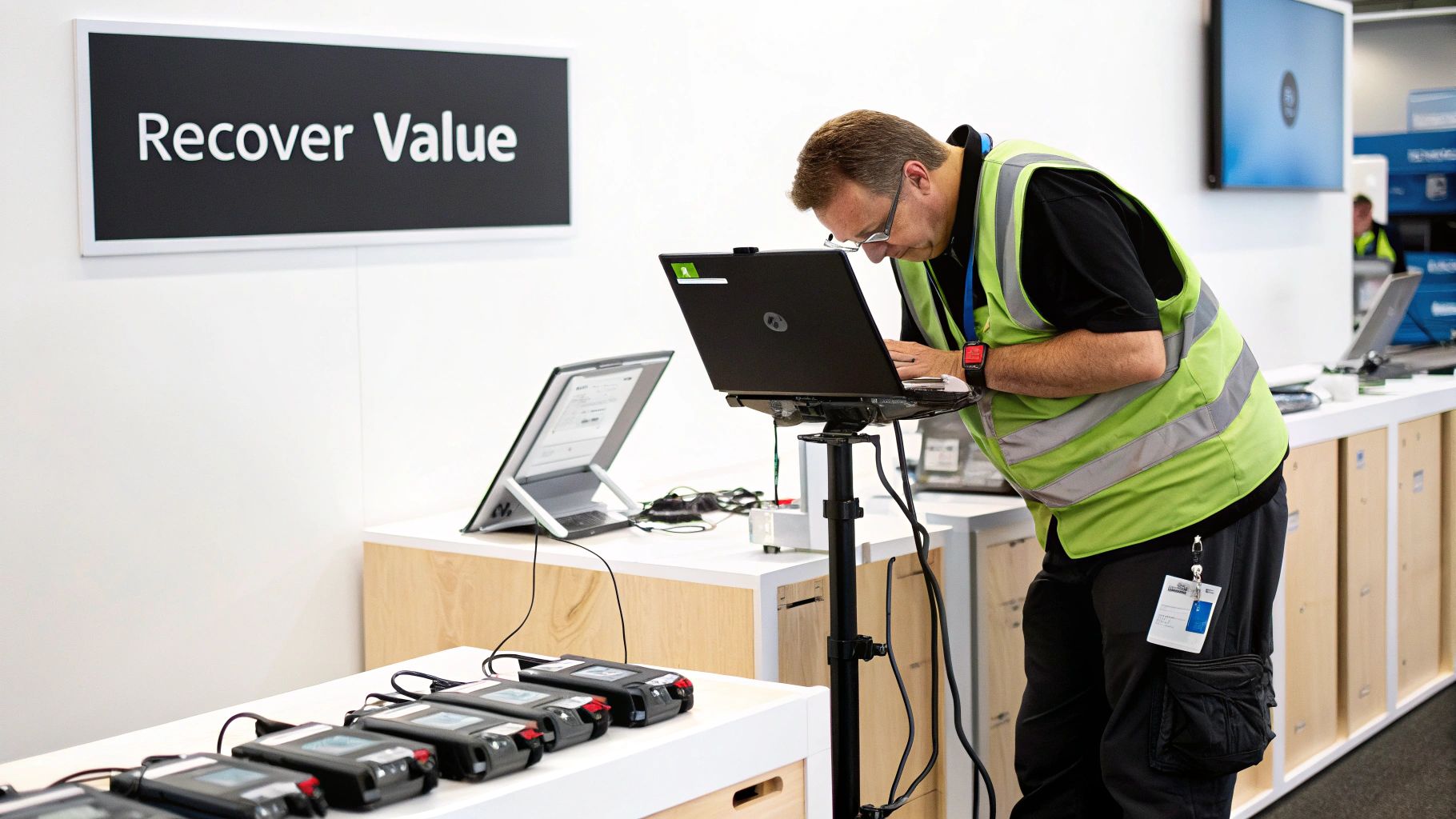 Laptops being refurbished on a workbench to recover value.
