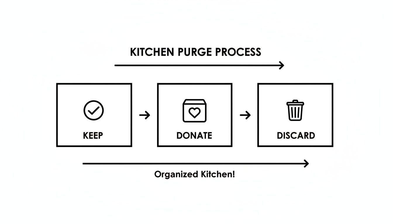 Flowchart showing a kitchen purge process with steps: Keep, Donate, and Discard, leading to an organized kitchen.