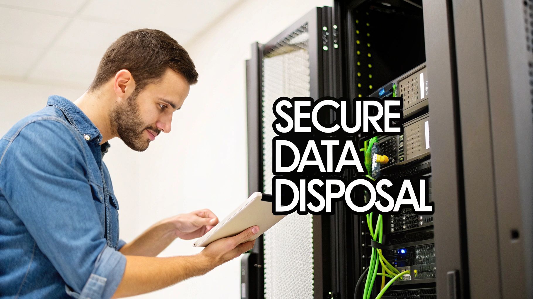 A man in a denim shirt works on a tablet in a server room, with 'SECURE DATA DISPOSAL' text.
