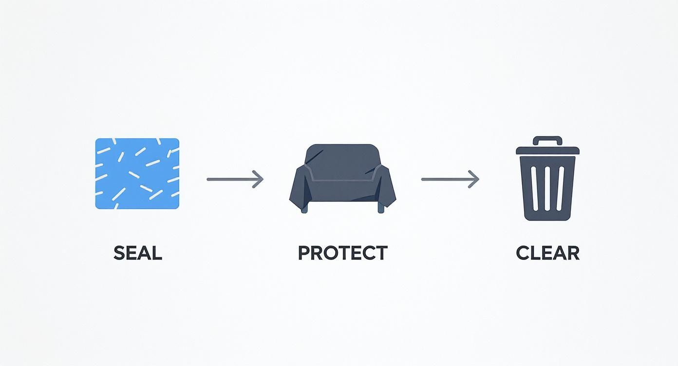 Diagram showing three steps: 'seal', 'protect' (covered armchair), and 'clear' (trash can).