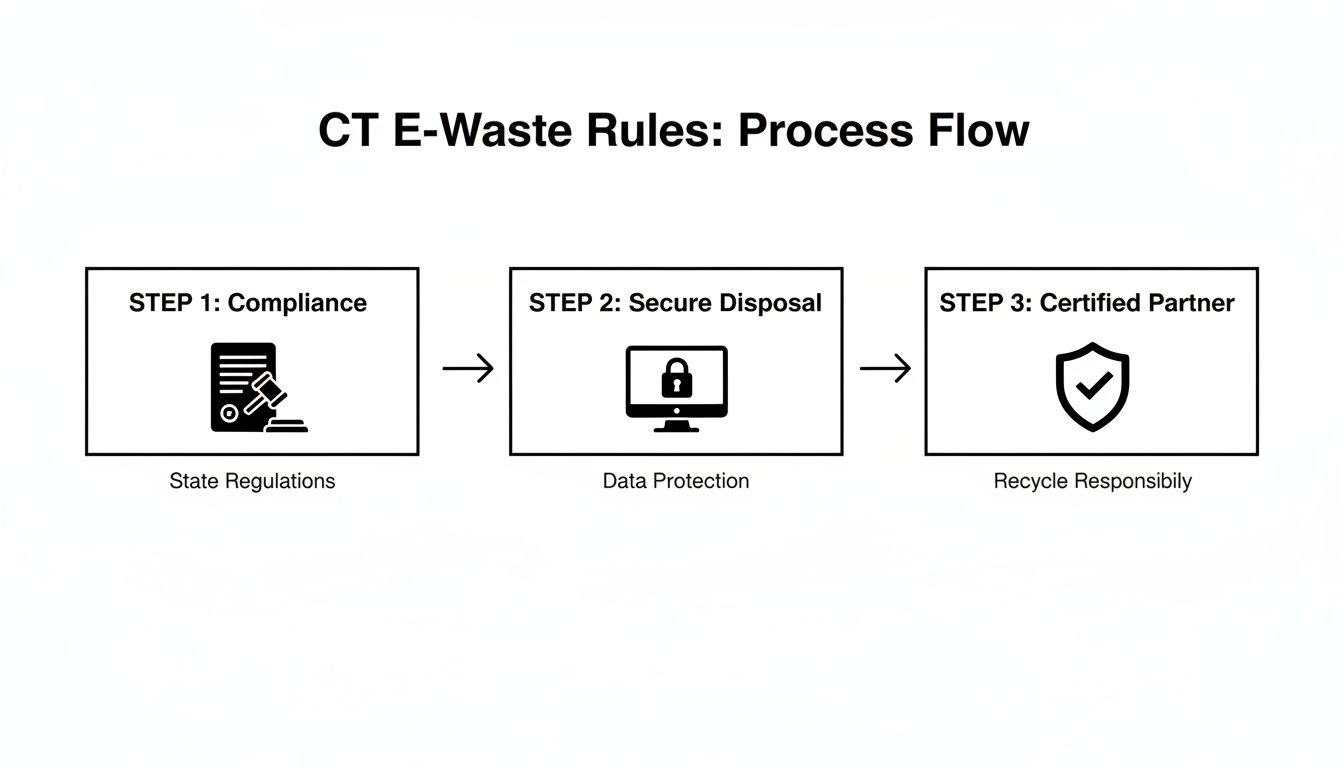 A process flow diagram shows CT E-Waste Rules: Step 1 Compliance, Step 2 Secure Disposal, Step 3 Certified Partner.