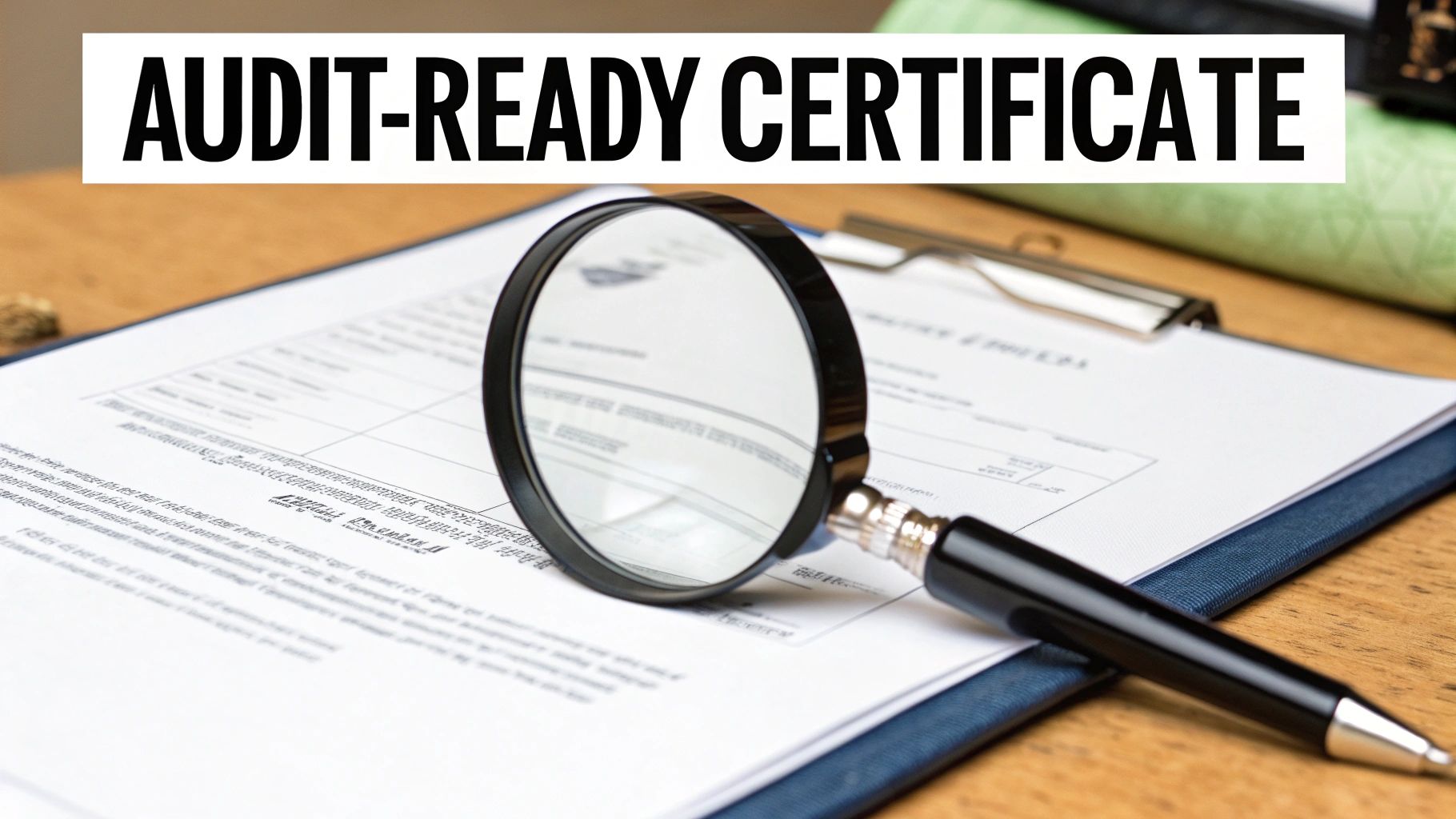 Magnifying glass on an audit-ready certificate document, indicating a thorough review and verification process.