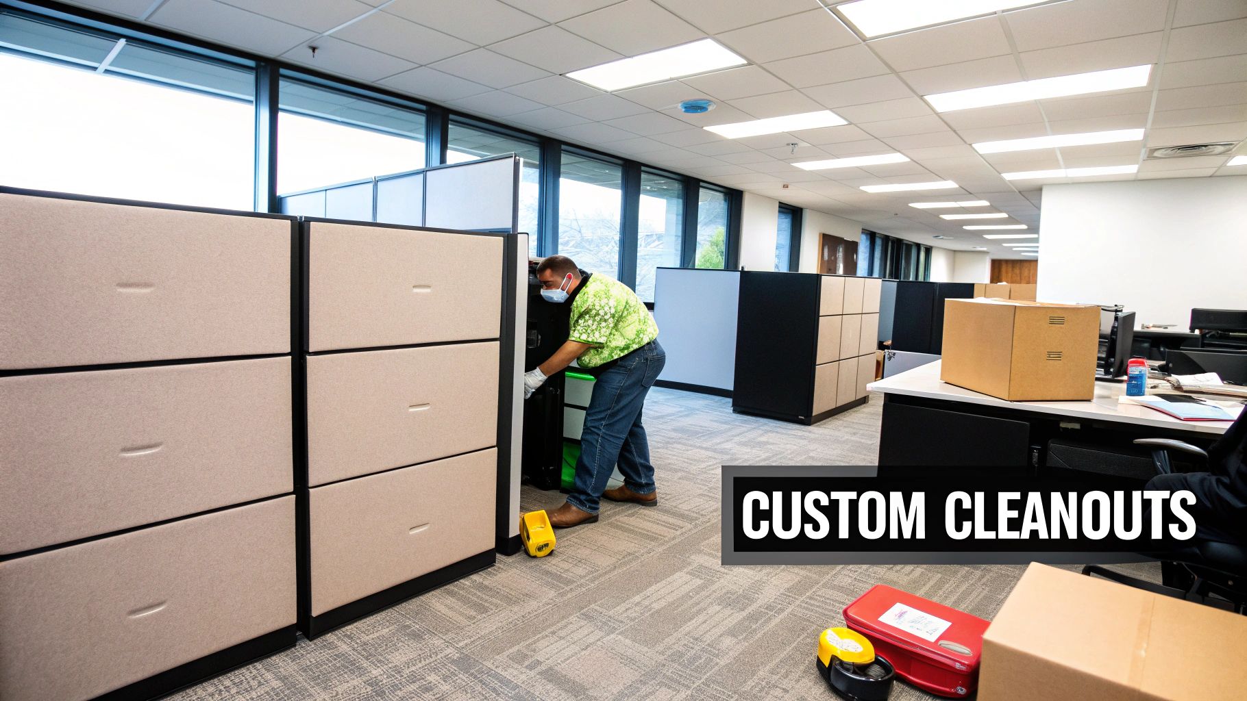 Man in a mask and gloves clearing out an office cubicle, with boxes and windows.