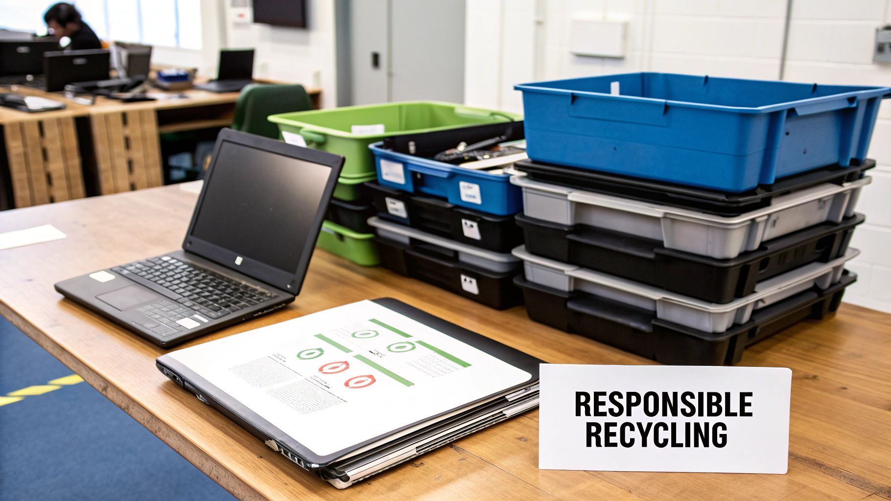 A laptop, document, and stacks of recycling bins on a wooden desk with a 'Responsible Recycling' sign in an office.