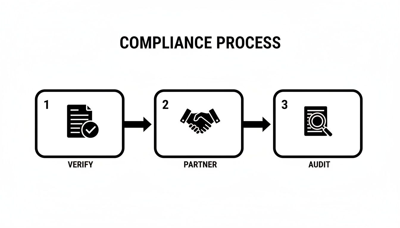 Diagram illustrating a three-step compliance process: Verify, Partner, and Audit, using icons.