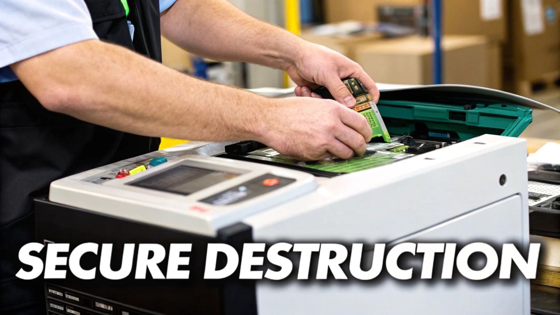 Technician removing circuit board from printer for secure electronic waste destruction service