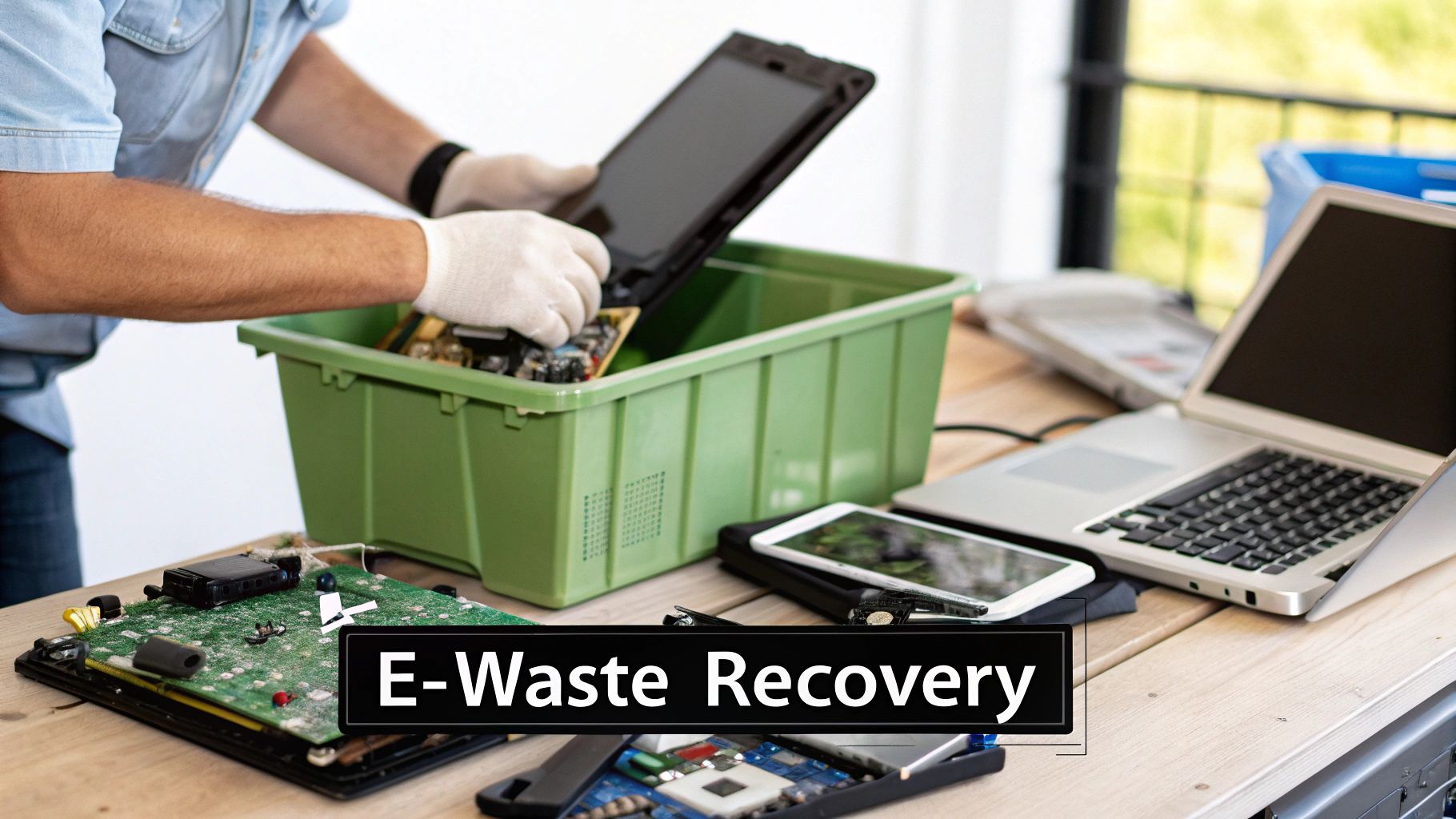 A person wearing gloves disassembles e-waste into a green bin on a table, promoting recovery.