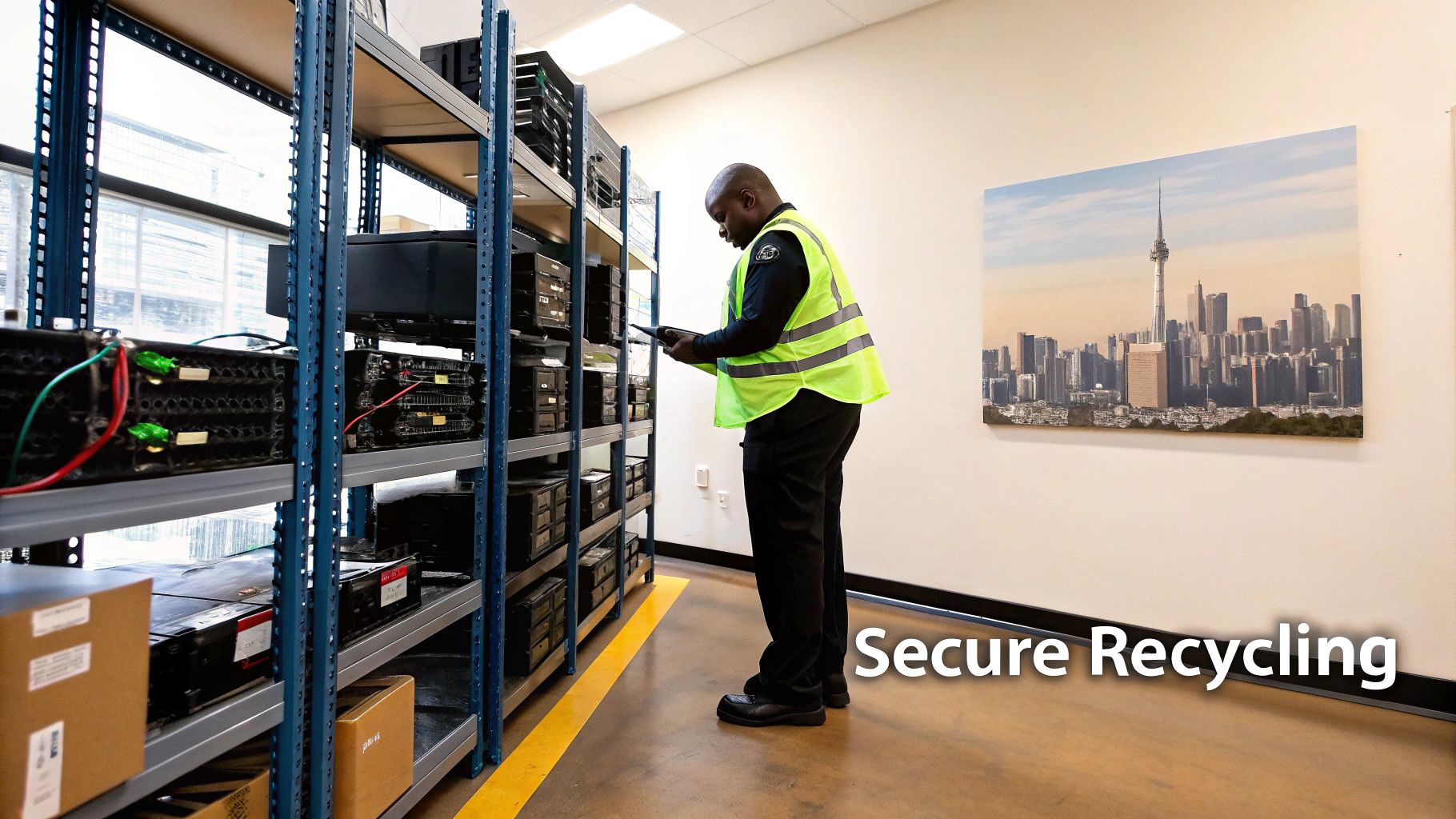A worker in a safety vest using a tablet near shelves of electronic equipment in a secure recycling facility.