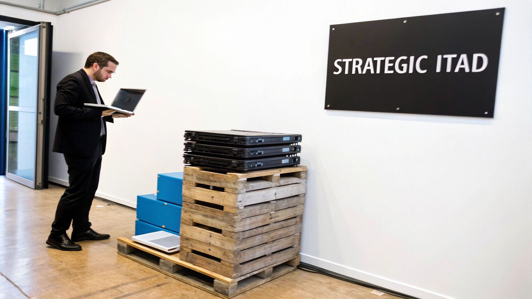 Businessman in a suit holding a laptop, standing near stacked IT equipment and a "Strategic ITAD" sign.