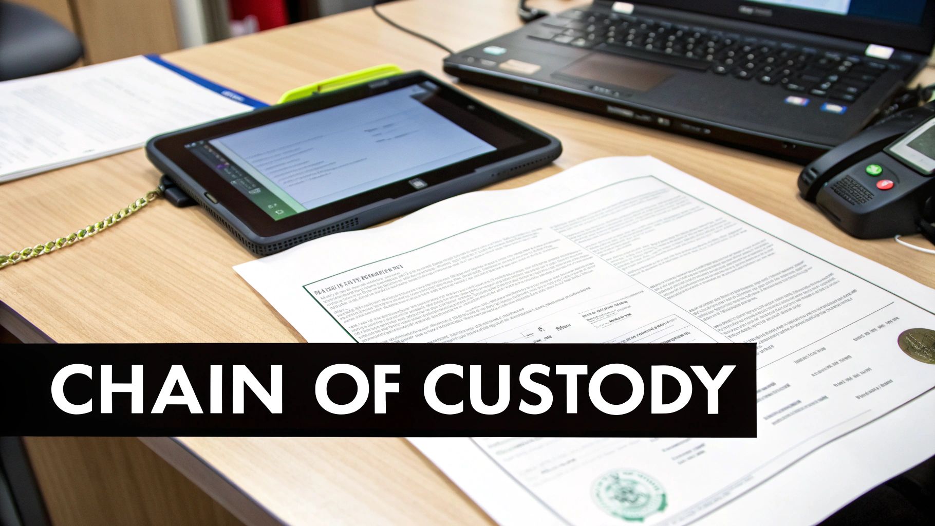 A desk with a tablet, laptop, and an official document for chain of custody.