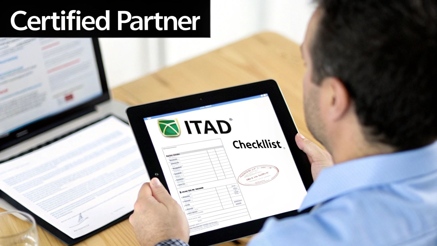 A professional technician in a branded polo shirt carefully packing computer equipment into a secure transport container.