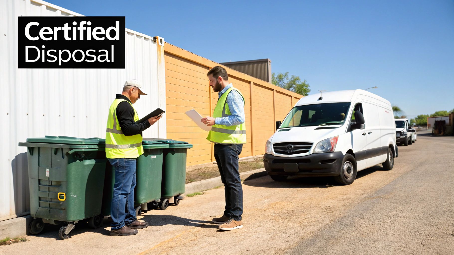 Two workers in safety vests discussing certified waste disposal documents near green bins and a service van.