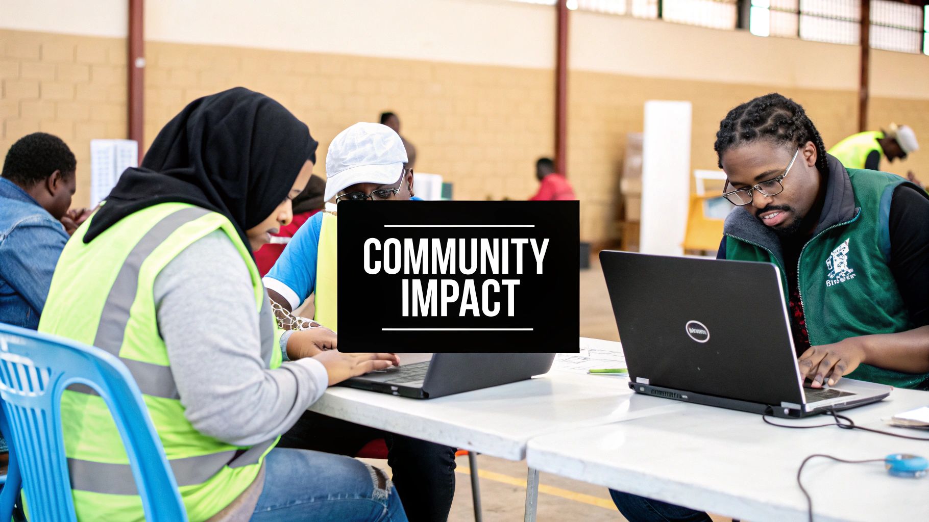 Diverse group of people working on laptops at a table, with 'COMMUNITY IMPACT' text overlay.