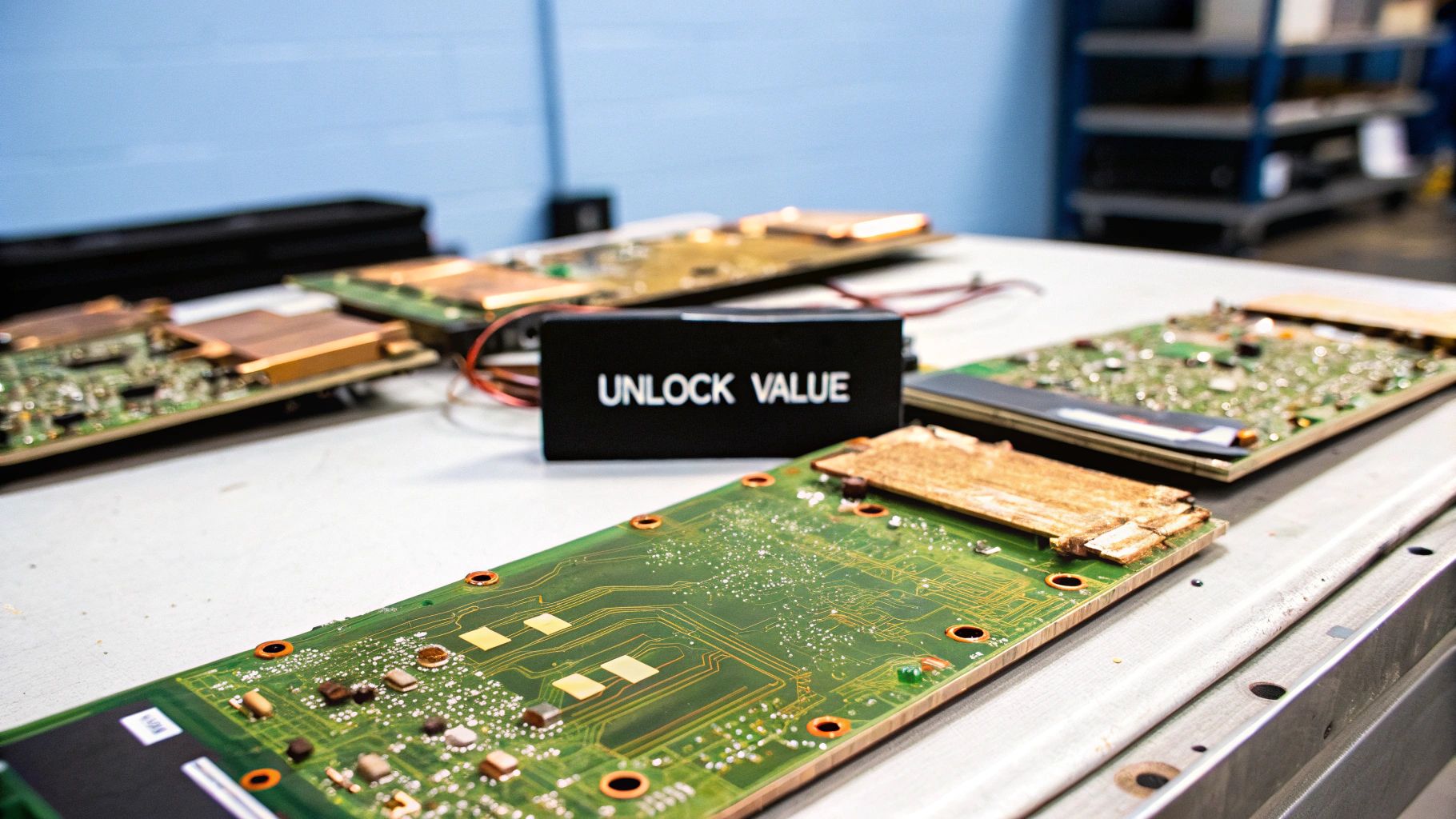 A person holding a circuit board, with a blurred background of sorted electronic components, symbolizing the value within e-waste.