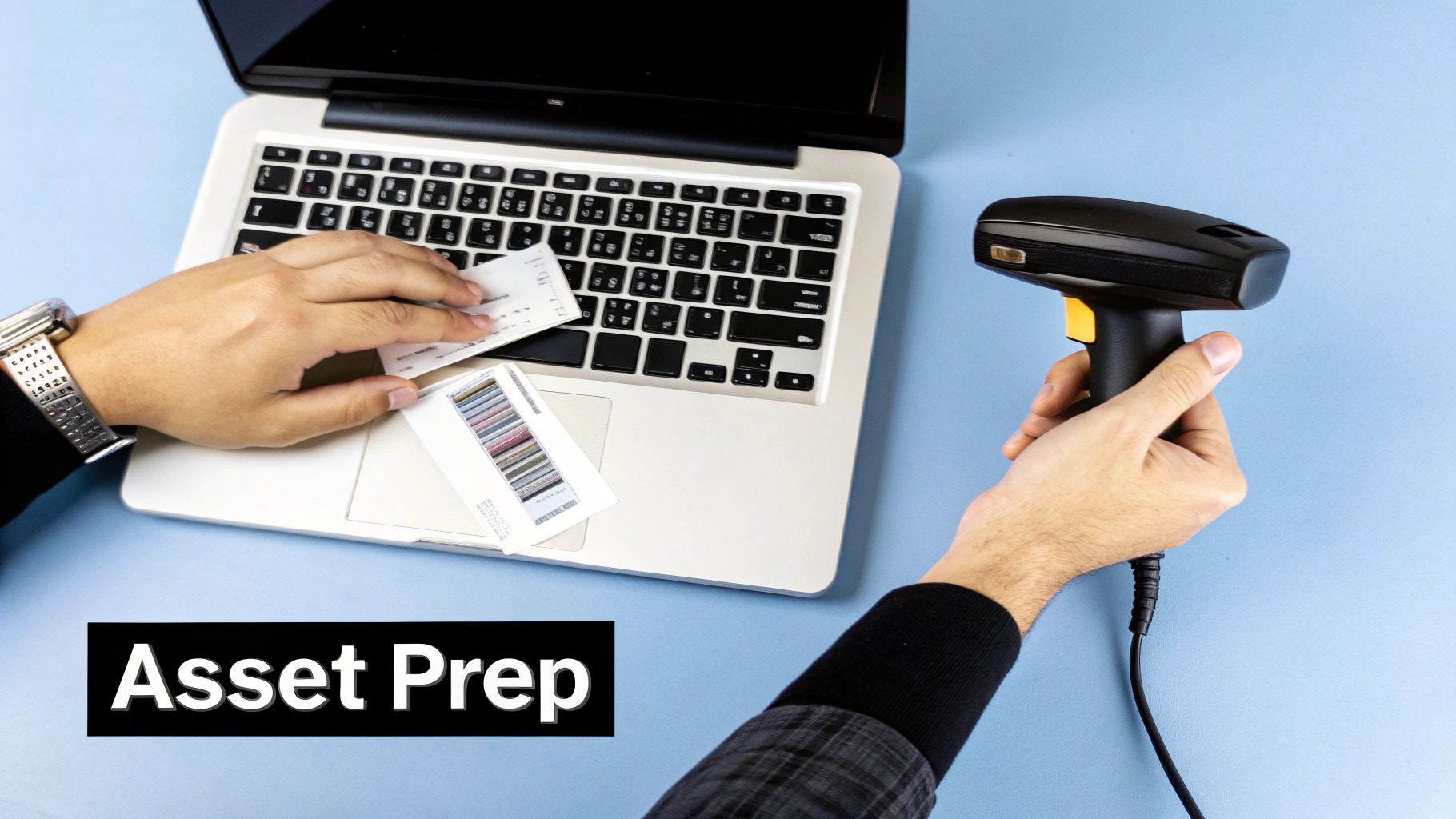 Hands scanning product cards with a barcode scanner next to a laptop for asset management.