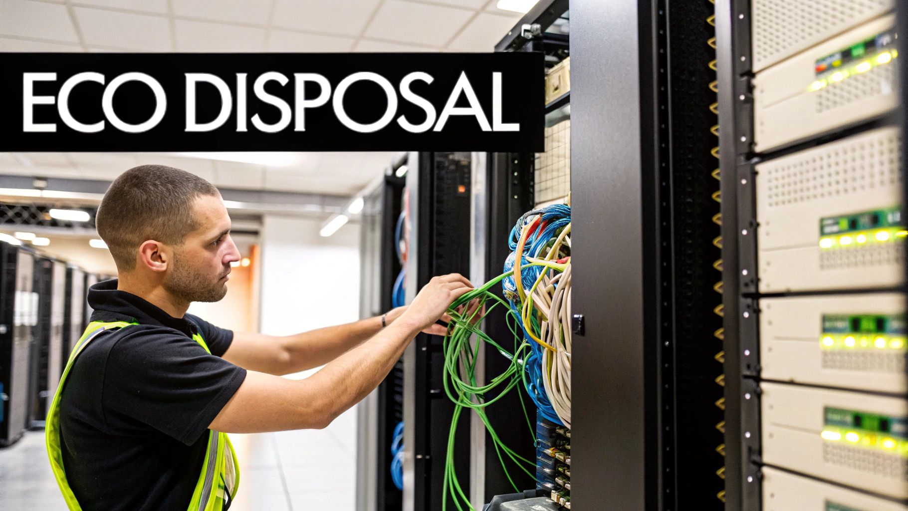 Workers carefully removing a server from a data center rack.
