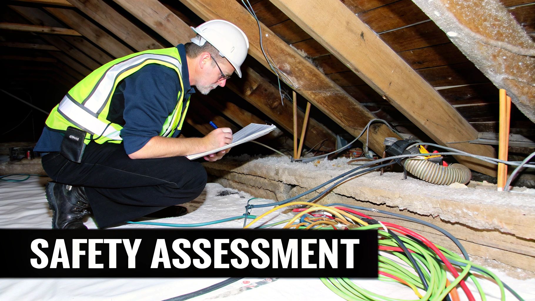 A person in protective gear inspecting a commercial attic space, pointing a flashlight at the ceiling joists.