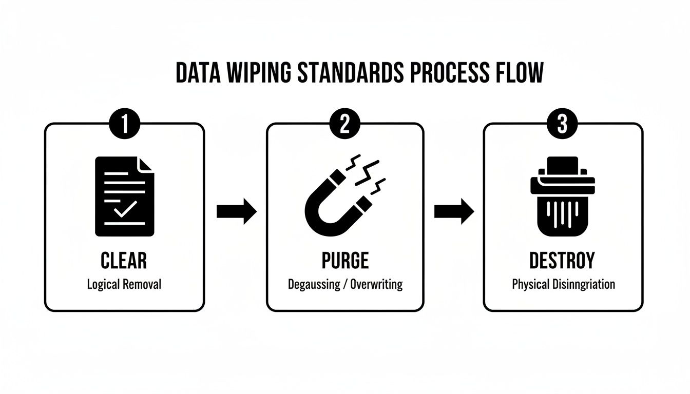 A data wiping standards process flow diagram illustrating clear, purge, and destroy steps for data security.