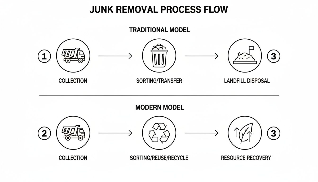 A flowchart comparing traditional and modern junk removal processes from collection to disposal or recovery.