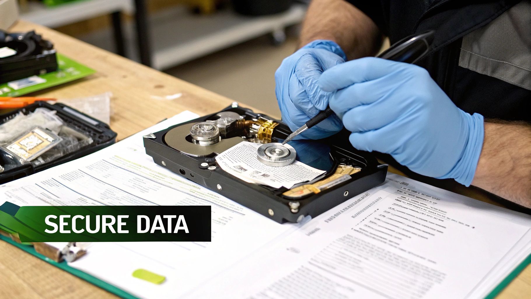 A person in blue gloves carefully works on an open hard drive with a tool, ensuring data security.