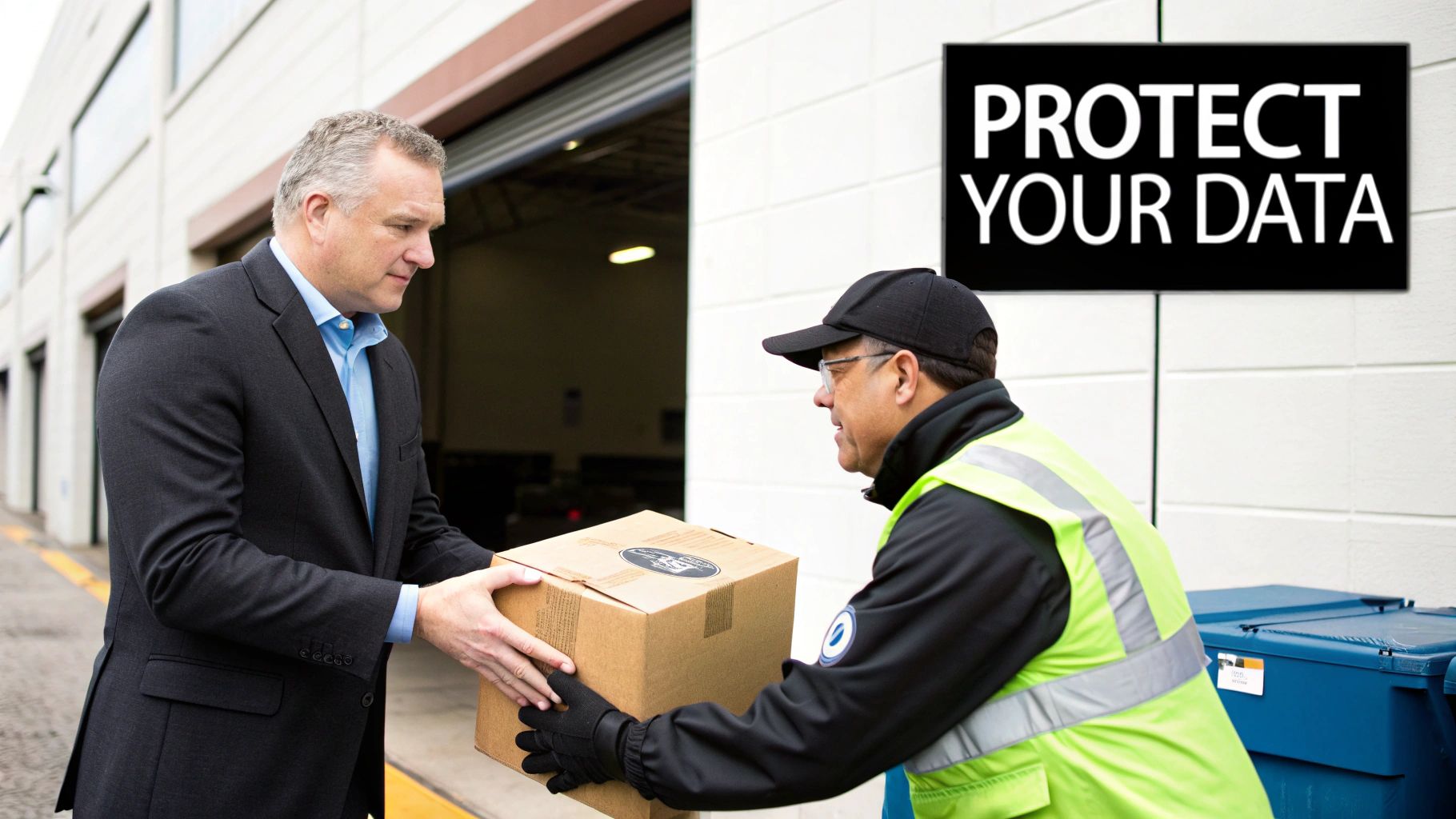 Two men exchanging a package, one in a suit and the other in a high-visibility vest, near a 'Protect Your Data' sign.