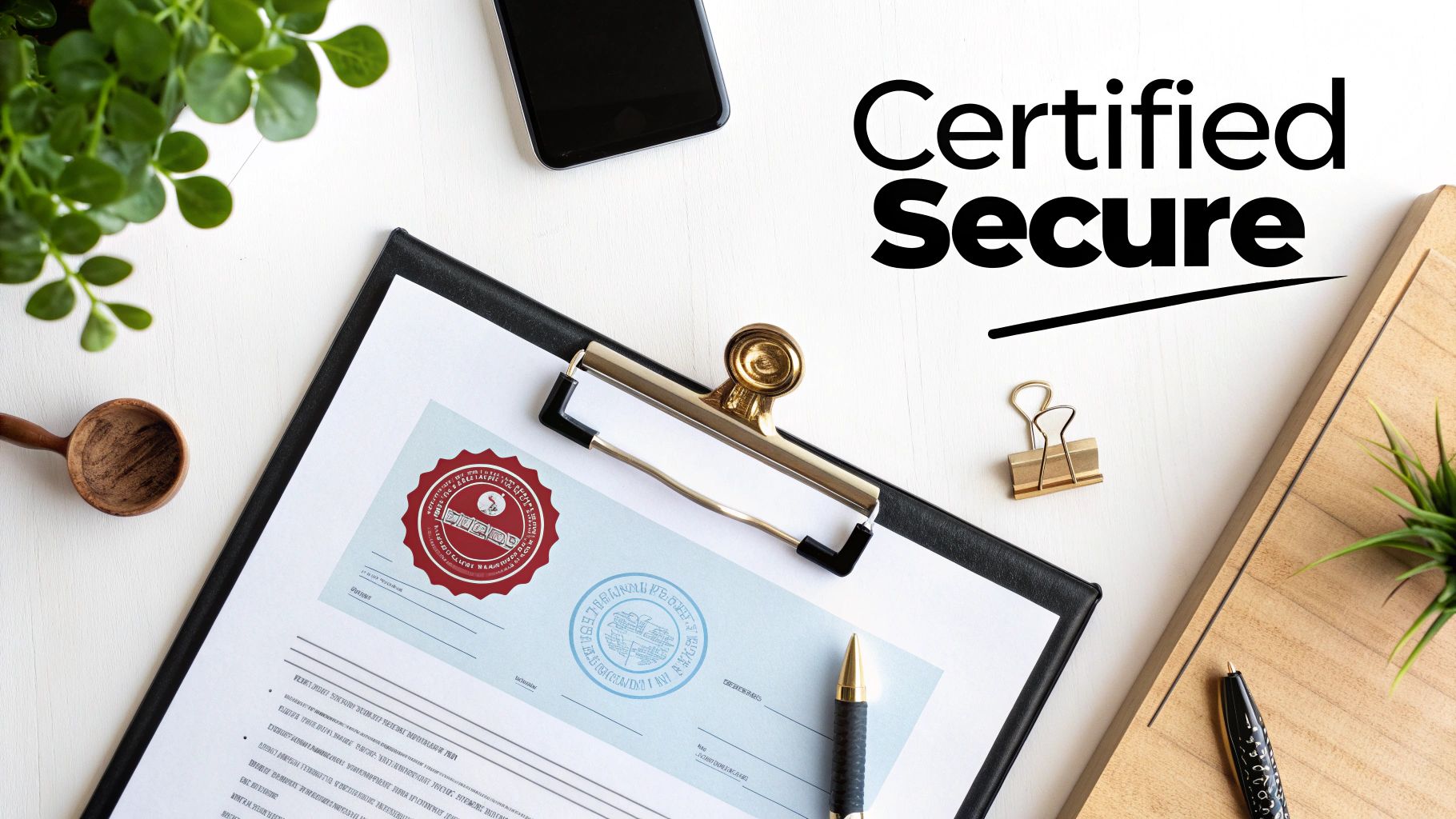 Flat lay of an office desk with a document marked "Certified Secure", a smartphone, and plants.