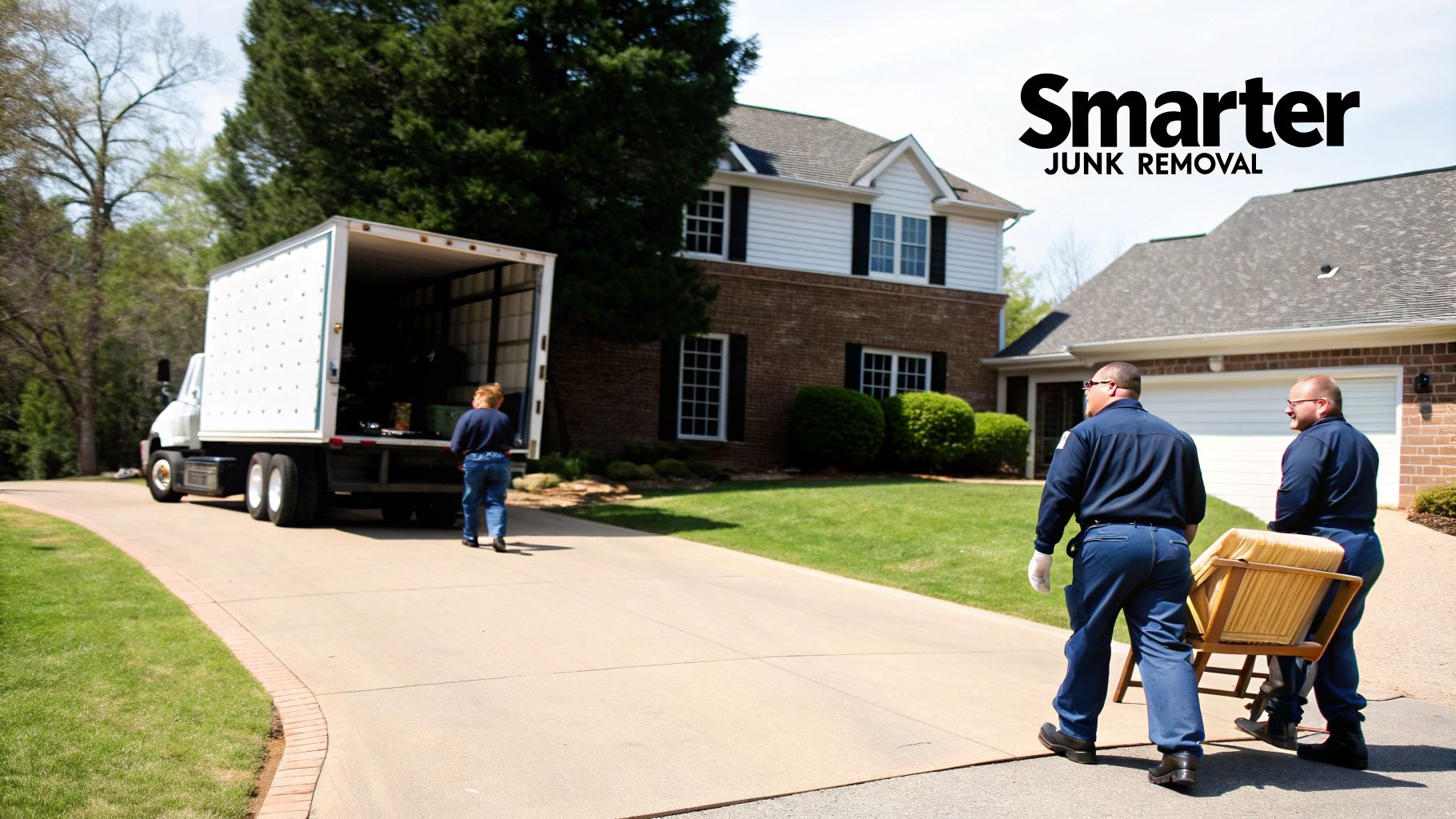 Three junk removal workers carrying a chair to a white truck on a residential driveway.