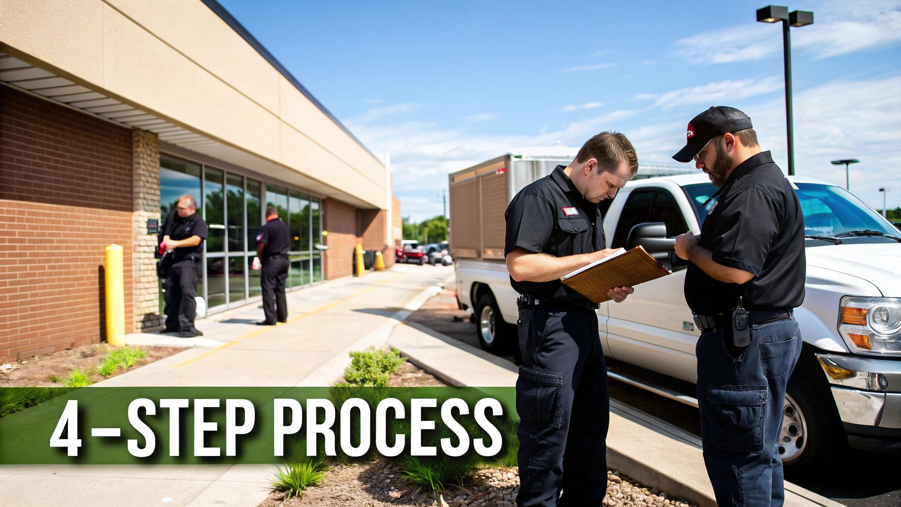Service workers in black uniforms examining documents and equipment outside a commercial building.